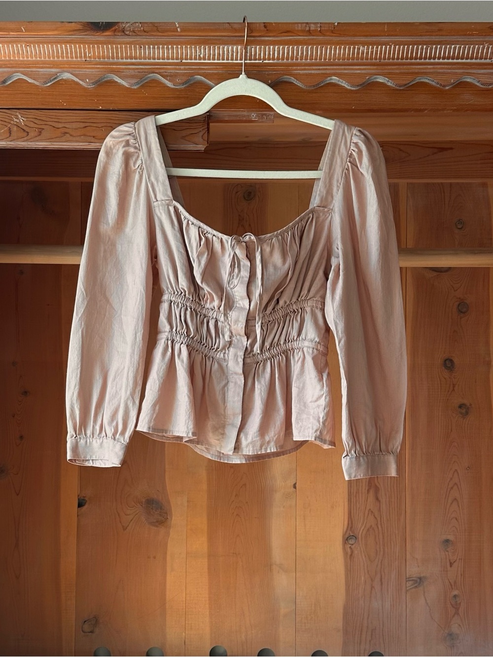 Smocked Peplum Neutral Long-Sleeve Top